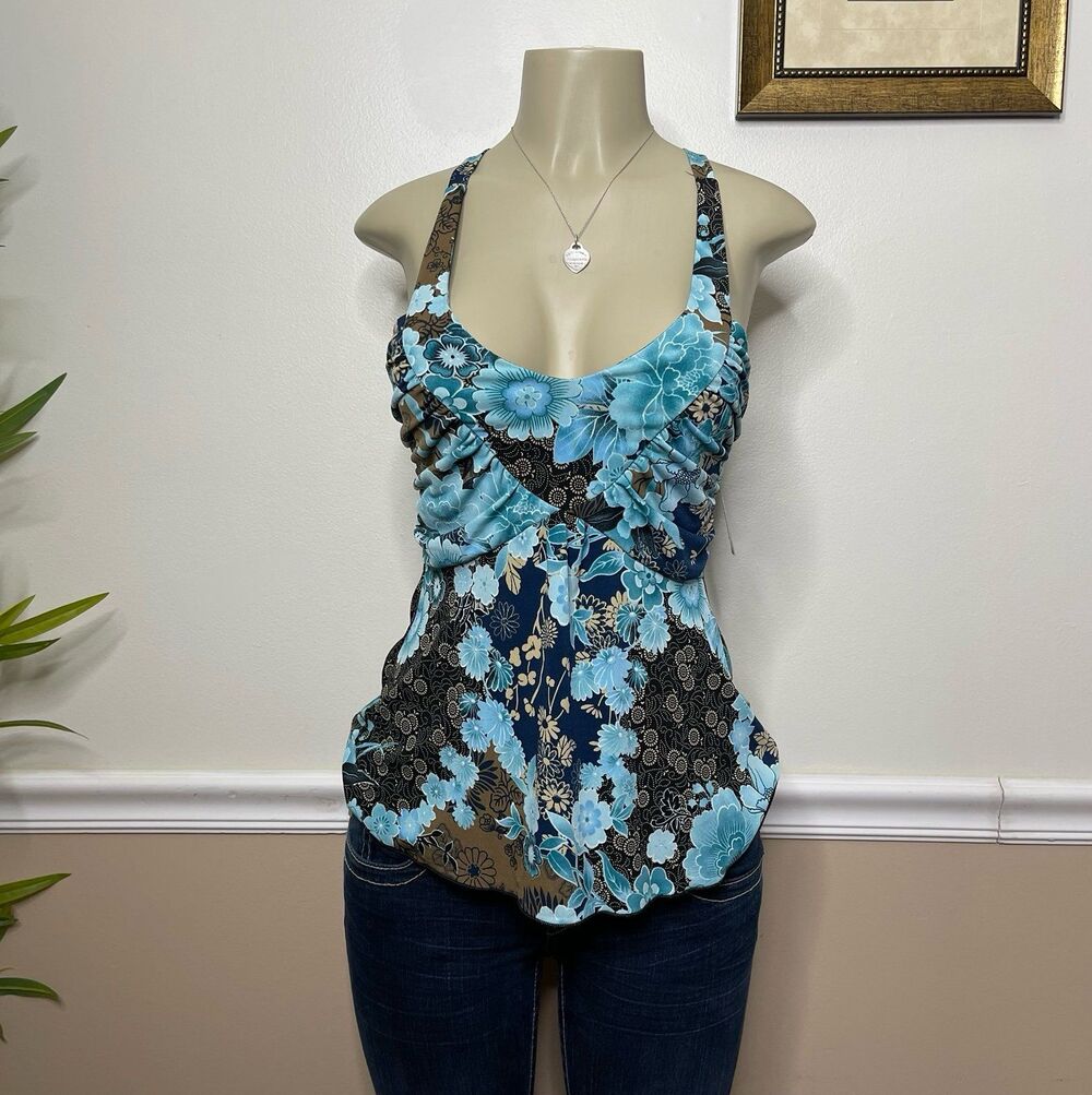 Byer California Women’s Y2K Vintage Blue Horizon Floral Print Tie Halter Top